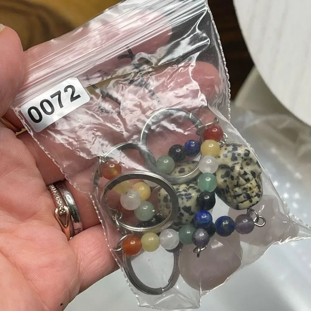 Dalmatian jasper skull carving key chain key ring 7 chakra beads rainbow